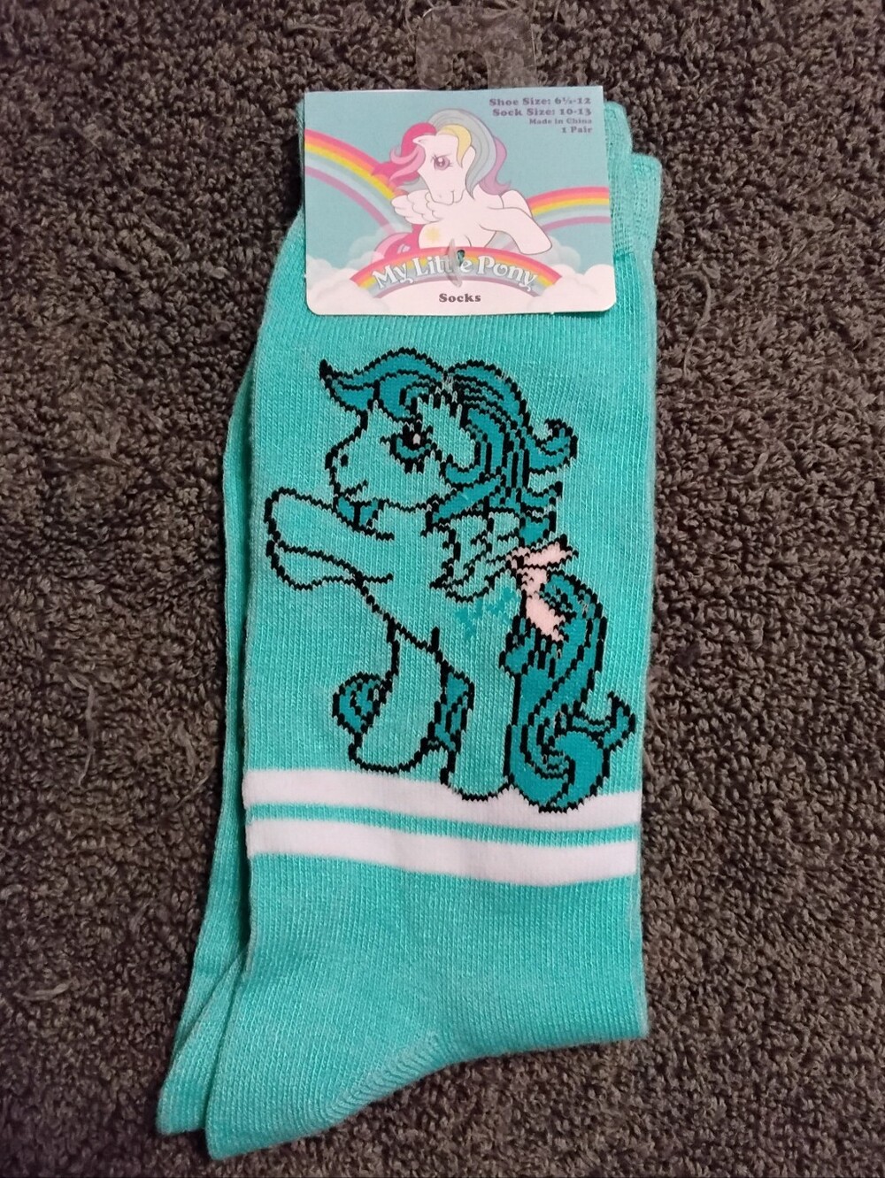 My Little Pony Teal Crew Socks with Black Character Outline and Pink Bow